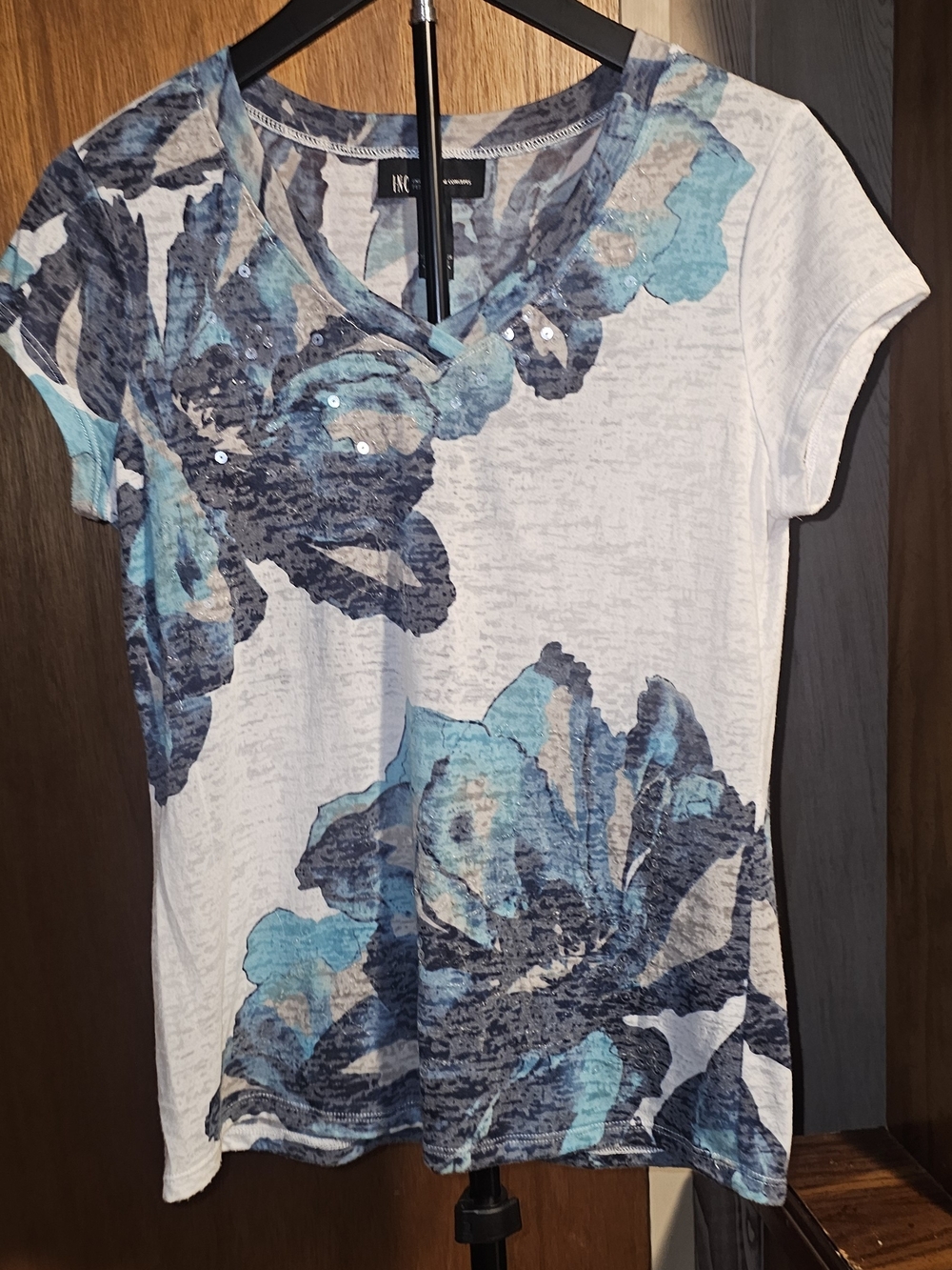 INC International Concepts Petite Tee with Blue Floral Print